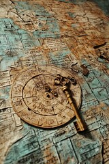 Obraz premium Antique key on aged map, cryptic symbols.