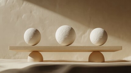 A seesaw made of wood with three textured spheres balancing on it, set against a warm beige background.