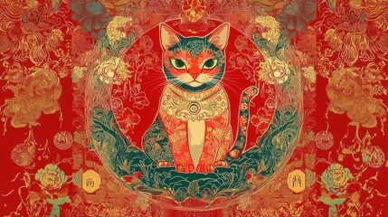 Obraz premium Majestic Ornate Cat in Red and Gold Chinese Floral Art