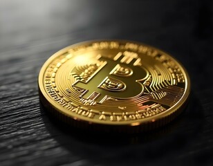 A close-up of a shiny gold bitcoin coin resting on a dark wooden table, with soft natural light highlighting its intricate design and embossed symbols.