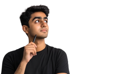 Confident man in a black T-shirt pointing to the right side with a stylus pen, set against a plain white background.

