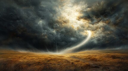 Naklejka premium Powerful Tornado Spiraling Through a Rural Landscape Under Ominous Skies