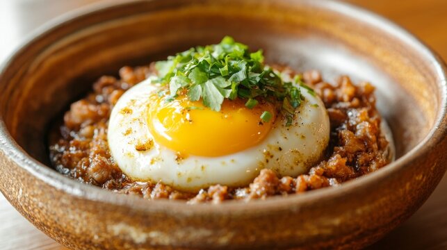 A close-up of a perfectly cooked steamed egg with a smooth surface, garnished with minced pork and fresh coriander, in a traditional earthenware bowl.
