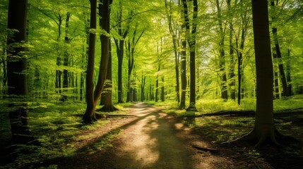 Naklejka premium Scenic beech forest path, young green leaves, sunlight filtering through trees