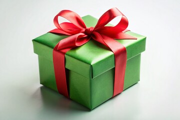 Obraz premium Minimalist Green Gift Box with Red Ribbon - High-Resolution Stock Photo