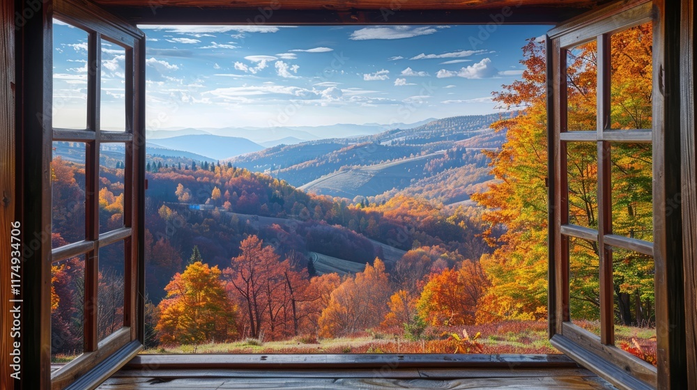 Poster Scenic view from a window overlooking a serene mountain landscape in autumn with colorful foliage