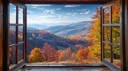 Scenic view from a window overlooking a serene mountain landscape in autumn with colorful foliage