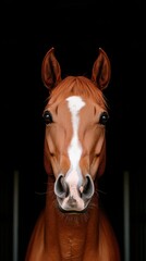 Extreme close-up of a horse's face, featuring its eyes and front view. The image is vivid with warm tones, highlighting the animal's striking presence.