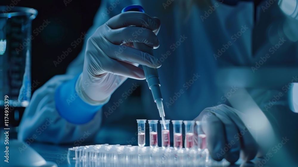 Aufkleber scientist preparing microplate with pipetted samples in laboratory