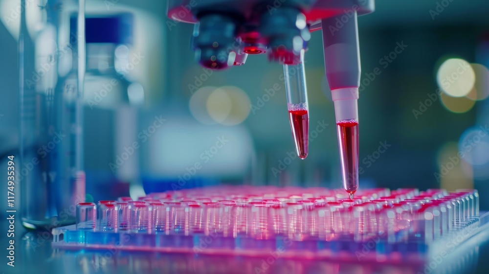 Poster scientist preparing microplate with pipetted samples in laboratory
