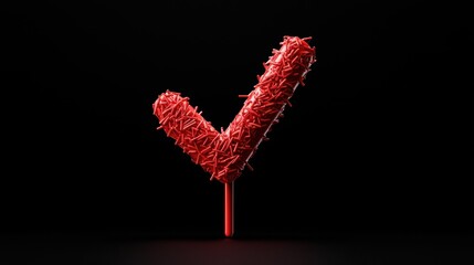 A bright red checkmark symbol set against a black background, creating a stark contrast and drawing attention.