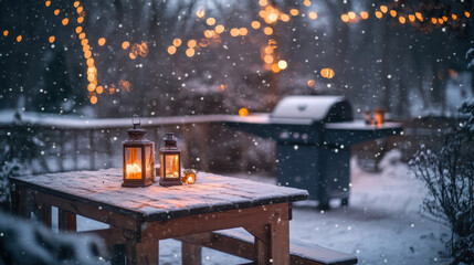 cozy winter evening scene featuring wooden table with lanterns, BBQ grill, and soft snowfall. warm glow of lights creates magical atmosphere