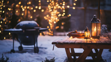 cozy winter evening scene featuring wooden table adorned with candles and BBQ grill in snowy garden, illuminated by warm lights. atmosphere is inviting and festive