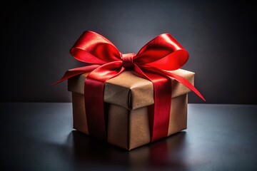 Obraz premium Elegant Red Ribbon Gift Box on Dark Background - Minimalist Product Photography