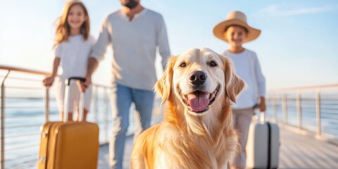 Pet vacation travel concept. A happy golden retriever poses in front of a family with luggage, enjoying a sunny trip by the water. travel