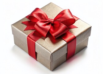 Obraz premium Elegant Red Ribbon Gift Box, Panoramic White Background Stock Photo