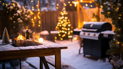 cozy winter evening scene featuring wooden table with grill, surrounded by snow and festive lights. atmosphere is warm and inviting, perfect for outdoor gatherings