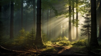 Fototapeta premium Soft morning light streaming through foggy forest trees