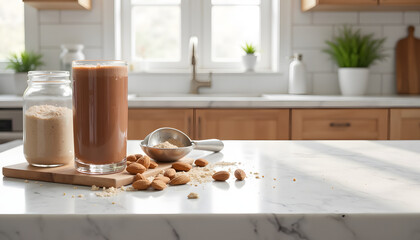 Protein shake glass with chocolate flavor, fresh mood, on marble countertop with almonds and protein powder
