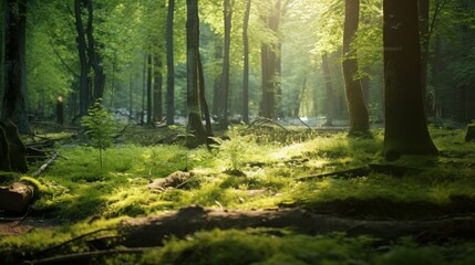 Fototapeta premium Soft sunlight on green grass in a quiet summer forest