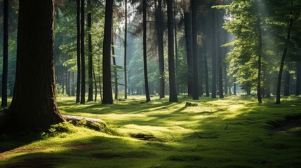 Obraz premium Soft sunlight on green grass in a quiet summer forest
