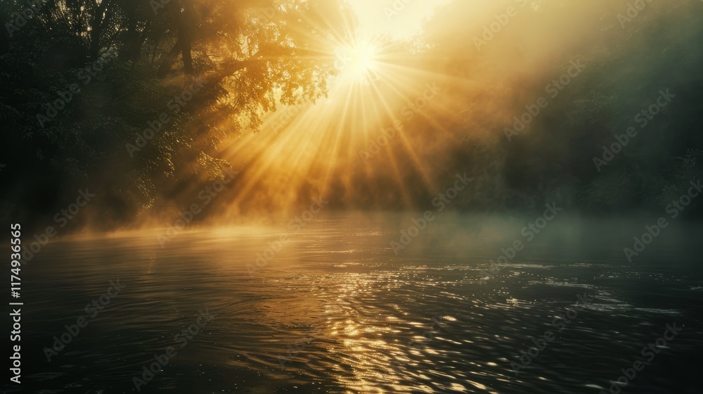 Aufkleber Sun rays filtering through dense fog over a serene river