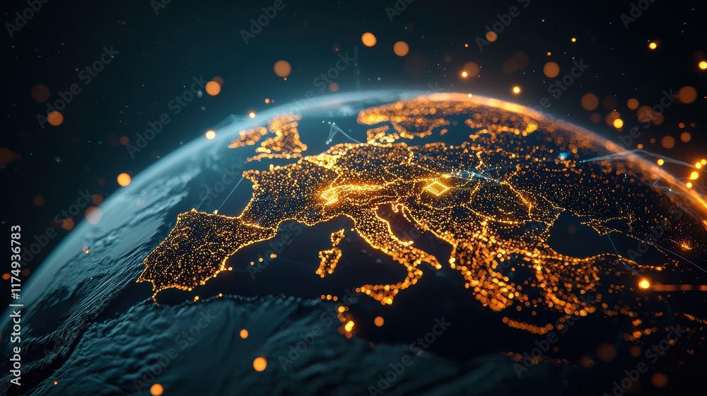 Wall mural an aerial view of earth from space with glowing lines representing internet traffic and communicatio