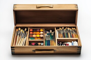 An artists toolbox with organized art supplies, including brushes, pencils, and paints.
