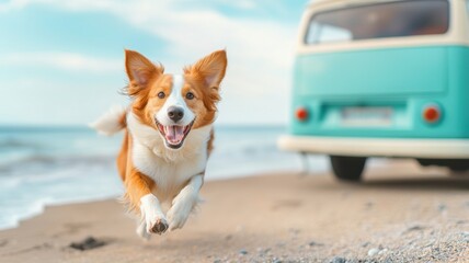 A happy dog runs along the beach near a vintage van on a sunny day.