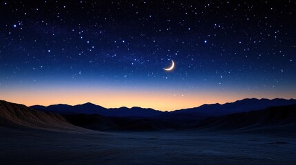 A serene desert landscape at twilight under a starry sky with a crescent moon. Ideal for backgrounds, wallpapers, or meditative visuals.