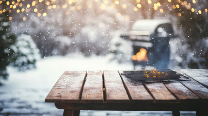 cozy winter party atmosphere featuring rustic wooden table with grill, surrounded by snow and twinkling lights. scene evokes warmth and festive cheer