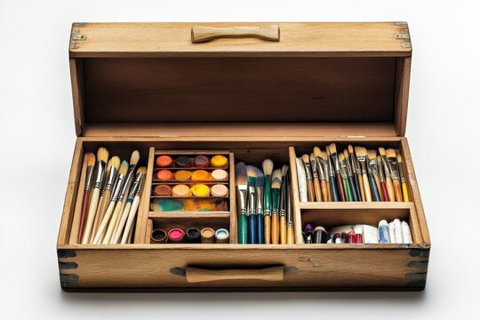 An artists toolbox with organized art supplies, including brushes, pencils, and paints. - Powered by Adobe
