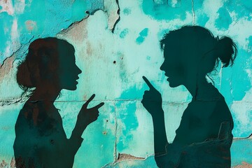 Obraz premium Two silhouettes arguing, teal textured background.