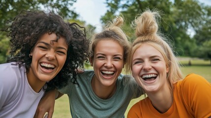 Obraz premium Three happy female friends share smiles and laughter while volunteering in a community park. Their enthusiasm creates a warm atmosphere on this bright, sunny day