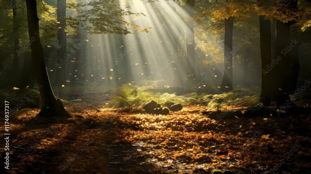 Poster sunbeams illuminating the forest floor covered with fallen leaves