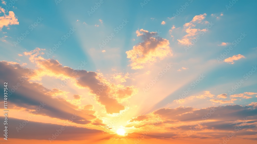 Poster sunlight bursting through scattered clouds at sunset, bathing the sky in a gradient of warm colors