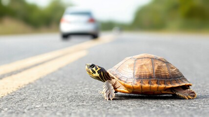A turtle slowly crosses a road, with a car approaching in the background.