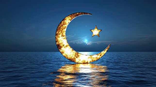 A fiery crescent moon and star emblem floats above a tranquil ocean. Perfect for Ramadan or Islamic-themed projects. 