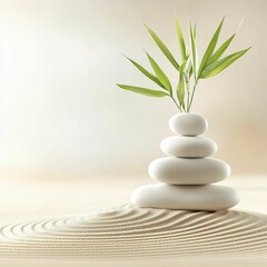 Nature Calming Rhythms Serene stones with bamboo on a zen sand background.