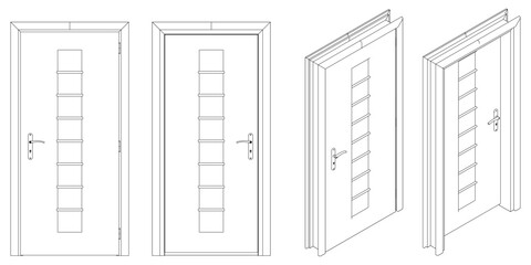 Icons set of doors types. Collection in thin linear style. Entrance to the house, classic wooden or glass interior doors. Simple design. Vector illustration isolated on white background.