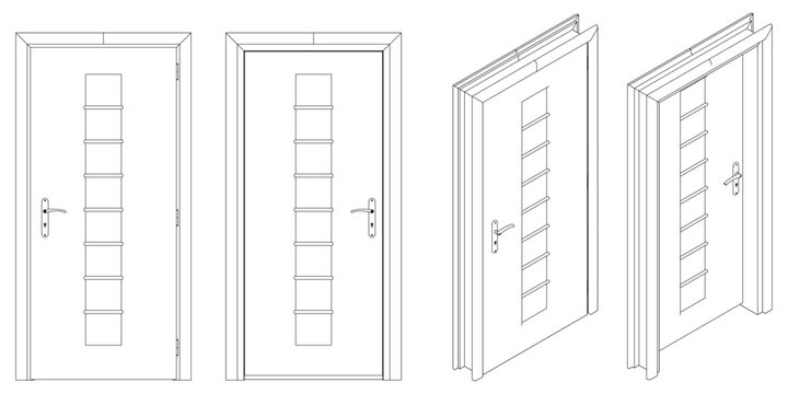 Icons set of doors types. Collection in thin linear style. Entrance to the house, classic wooden or glass interior doors. Simple design. Vector illustration isolated on white background.