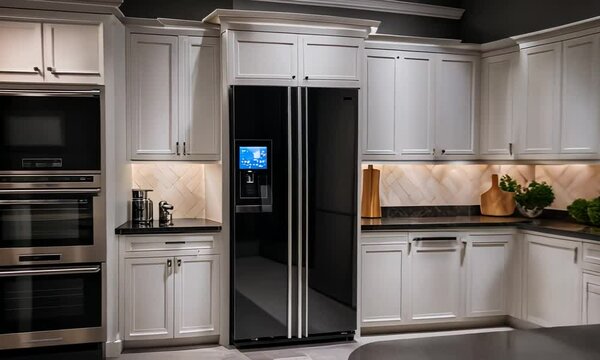 Smart refrigerator with display in a modern house.