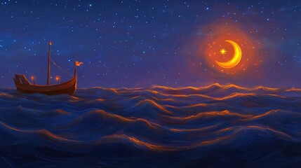A lone ship sails a moonlit sea. Ideal for fantasy book covers, phone wallpapers, or calming visuals.