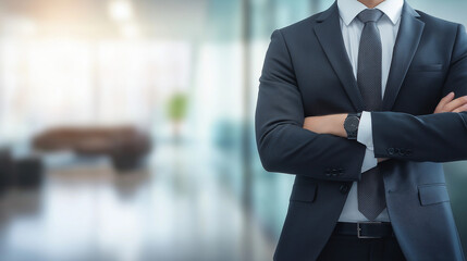 person with folded arms, an office worker, businessman, startup CEO, office background