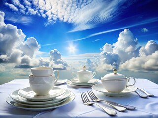 Fototapeta premium Elegant Table Setting with Cloudscape: Blue Sky, White Linen, Fine Dining