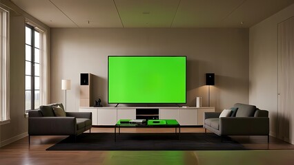 Modern living room with green screen TV, sofa, table and stylish furniture in a sleek luxury apartment interior