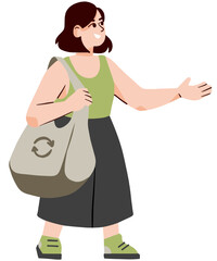 Woman with organic shopping bag. Grocery eco handbag and girl. Zero waste ecological illustration.