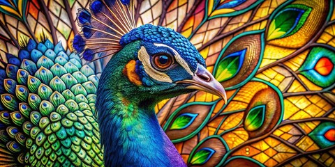 Fototapeta premium Minimalist Stained Glass Peacock Head: Vibrant Jewel-Toned Feathers & Geometric Patterns