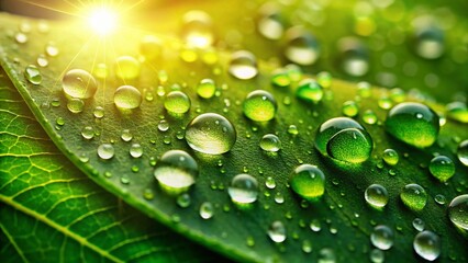 Fototapeta premium Minimalist Summer Garden: Close-up Dew Drops on Lush Green Leaf