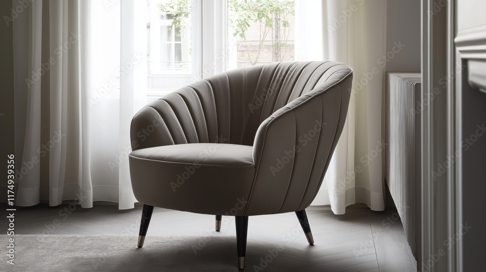 Poster A stylish chair in soothing mocha tones sits elegantly in a bright corner. Sunlight streams in through white drapes, creating an inviting atmosphere perfect for relaxation